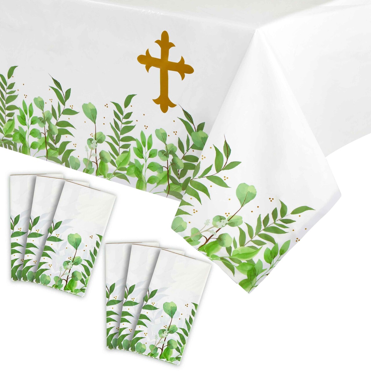 6-Pack Religious Table Covers for Easter Party, Baptism, First Communion, Catholic Gold Cross Plastic Tablecloth - 54x108 inch - Party Accessory for Themed Events and Special Occasions